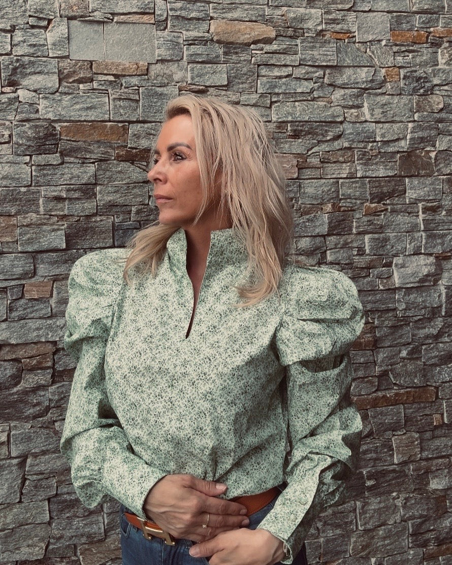 Cotton blouse with floral print in muted green